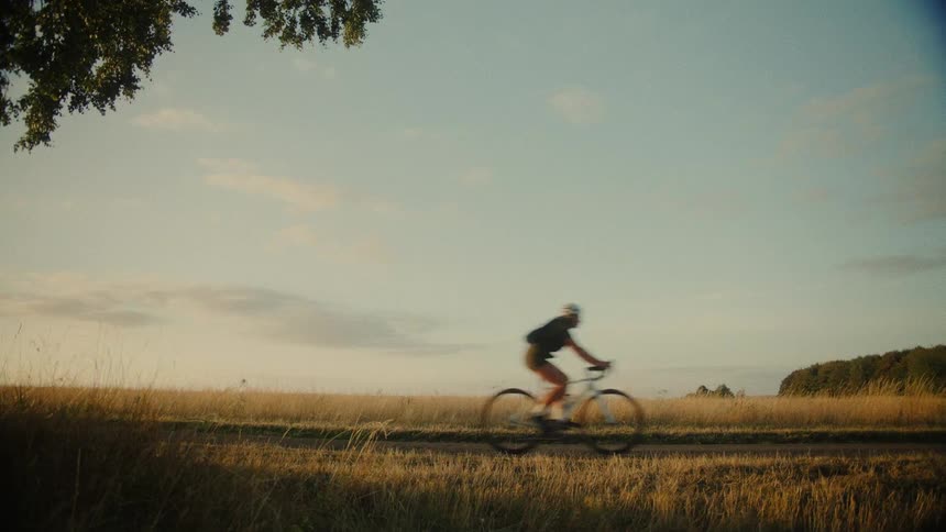 A lone cyclist rides along a country lane surrounded by golden fields during a serene sunset