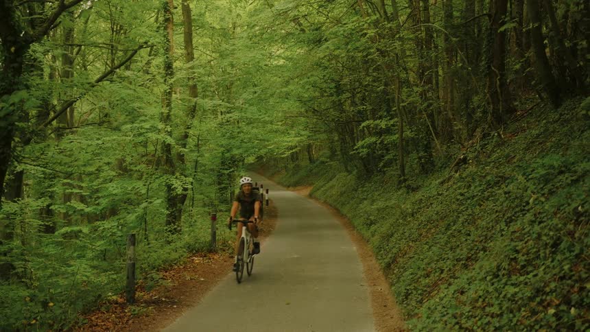 A woman on a bicycle rides towards the camera on a scenic road through a lush green forest
