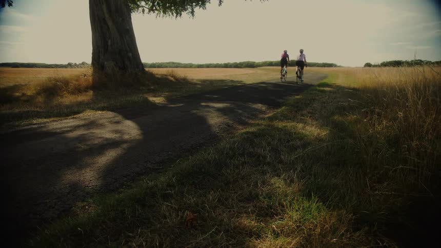 Two women enjoy a leisurely bicycle ride down a quiet country road on a sunny day
