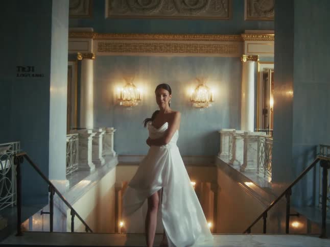 A graceful woman in a flowing white dress walks up a grand staircase and twirls in slow motion