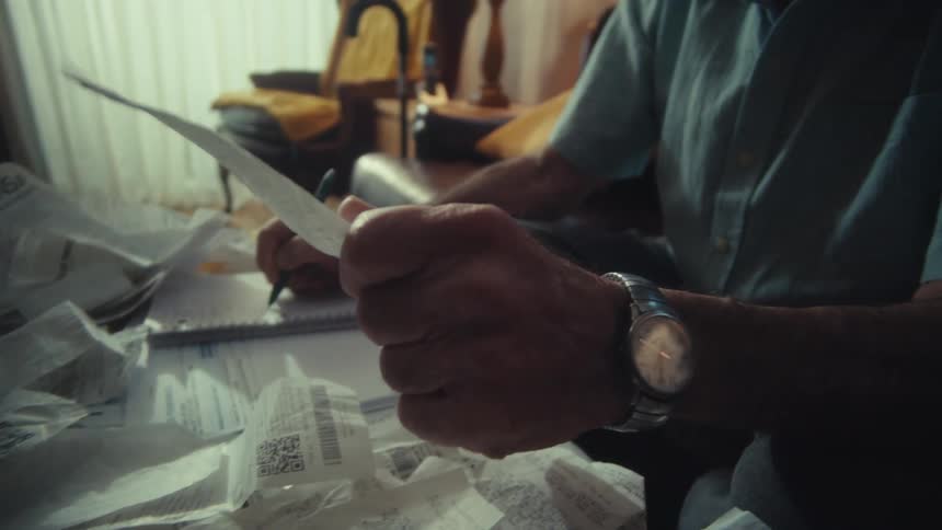 A close-up shot of an elderly man sitting in his living room meticulously calculating his finances from a pile of receipts