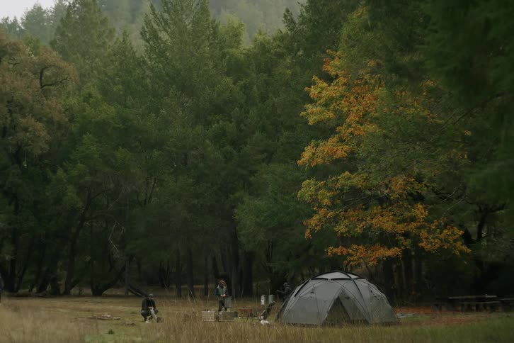 A group of people prepare their campsite in a remote forest clearing on an overcast day
