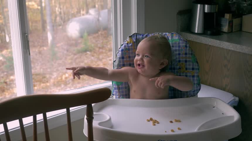 A baby is pointing out the window and talking