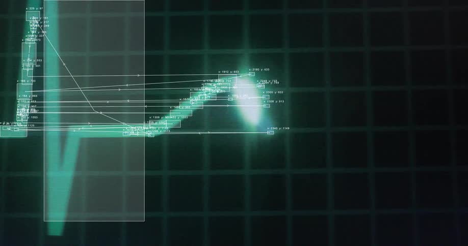 An animated heartbeat is monitored on a retro green grid screen with complex data analysis overlays