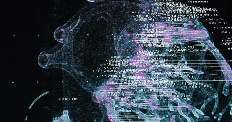 A futuristic medical interface displays a complex, holographic 3D scan of a human heart with constantly updating data points and analysis