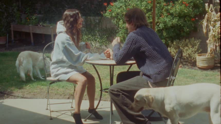 A young couple holds hands and talks at a small table on a sunny backyard patio as their dogs roam around them