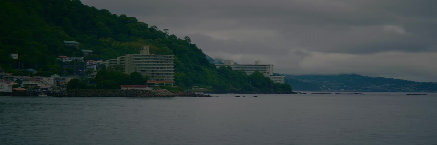 A gloomy, overcast day over a quiet coastal town with buildings nestled on a green hillside by the sea