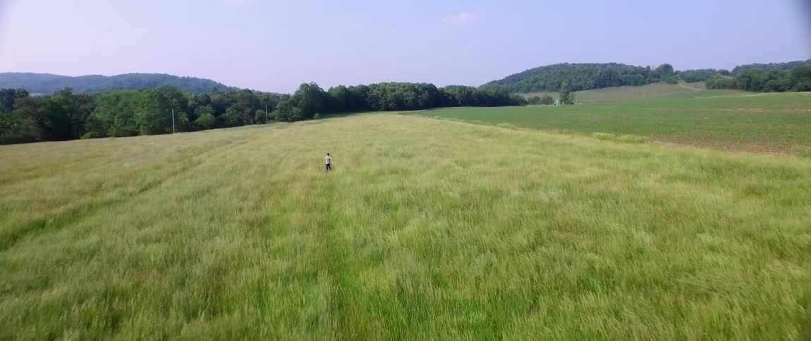 A person runs through a field toward some trees