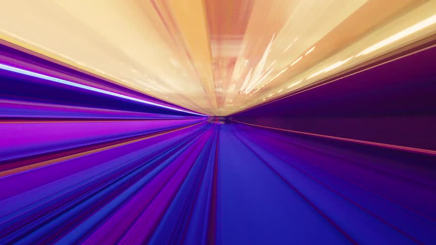 Psychedelic and abstract light trails from a fast-moving train in a futuristic tunnel