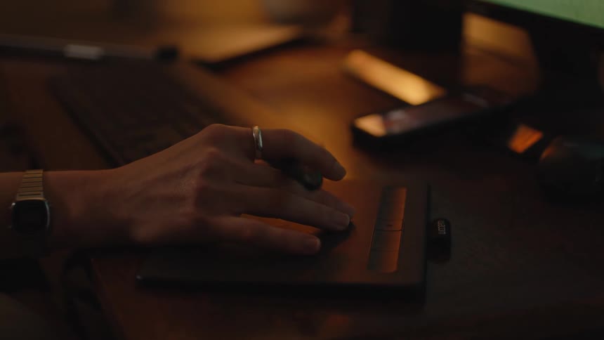 A digital artist works on a graphics tablet with a stylus in a dimly lit workspace at night
