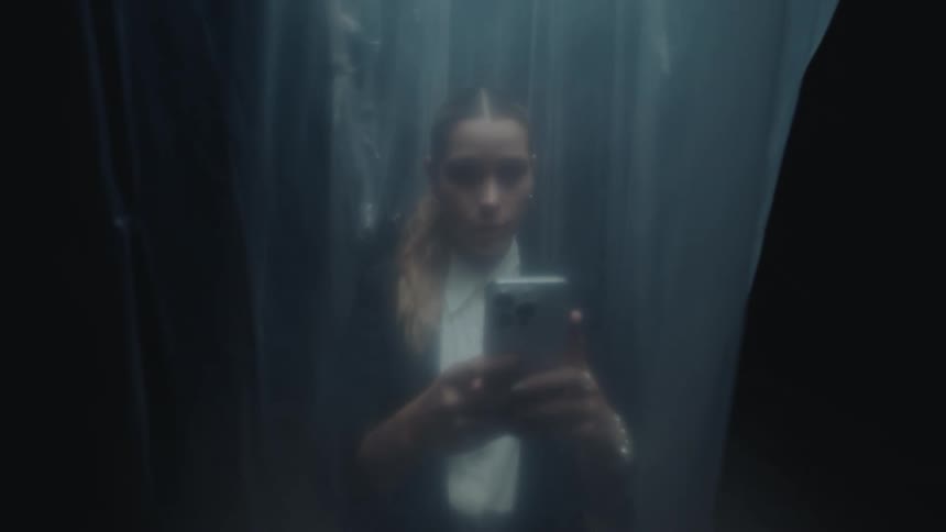 An isolated young woman in a blazer uses her smartphone, viewed through a translucent plastic barrier in a dark, moody environment