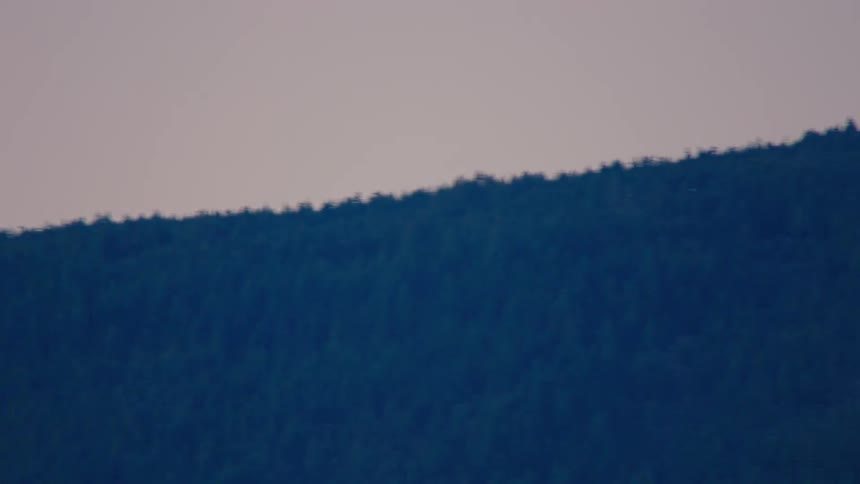 A slow, out-of-focus pan across a dark, tree-covered mountain range at dusk