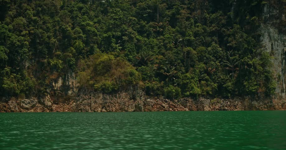 Calm emerald green waters ripple in front of a rocky cliff covered in dense tropical jungle