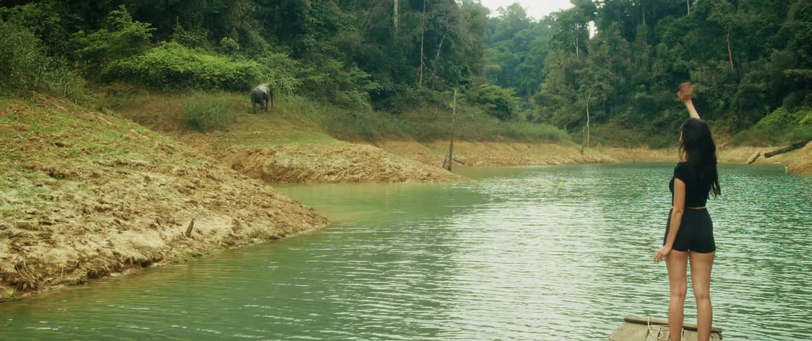 A smiling woman on a wooden raft waves excitedly at an elephant grazing on the riverbank in a lush tropical jungle