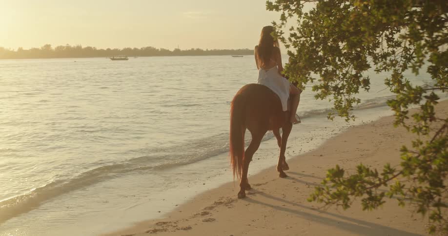 A woman in a flowing white dress rides a horse along the sandy shore of a tropical beach during a golden sunset