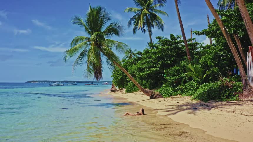 Slow pull-back shot reveals a woman sunbathing in a bikini on an idyllic tropical beach with leaning palm trees and calm turquoise waters