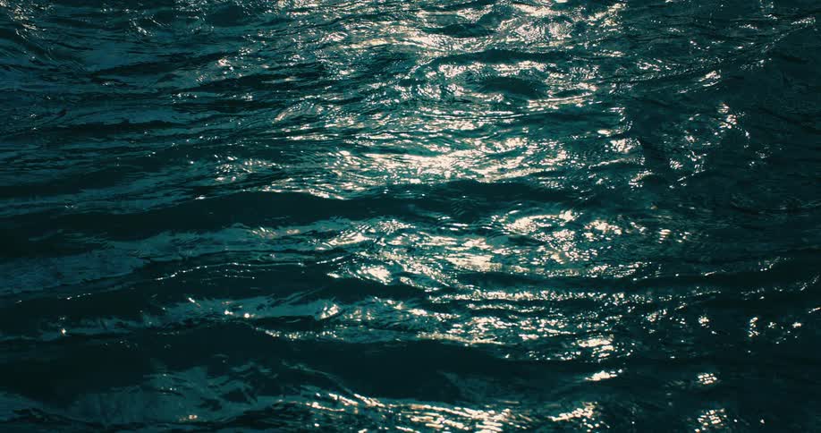 Sunlight glimmers and reflects on the surface of dark teal water with gentle ripples