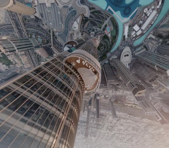 A vertigo-inducing top-down aerial view slowly descends and circles the iconic Burj Khalifa in Dubai