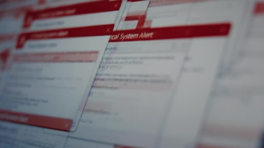 A computer screen is flooded with red critical system alert pop-ups indicating a virus or hack