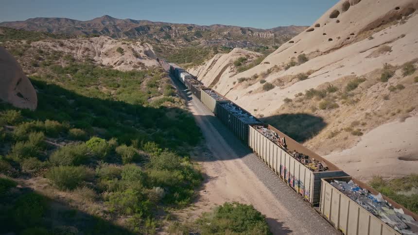 An aerial view follows a long freight train carrying scrap metal as it travels through a remote desert canyon on a sunny day