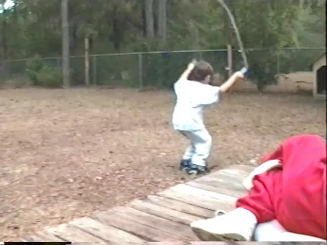 A young boy on rollerblades attempts to jump rope in a wooded backyard as his dogs and little brother look on