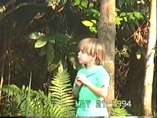 Vintage home video from 1994 shows a curious young boy standing in a lush, green forest