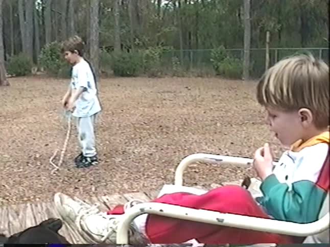 A young boy wearing rollerblades practices with a jump rope in his backyard while his brother and their dog watch