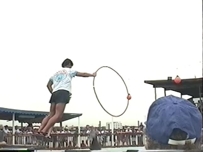 A dolphin leaps through a hoop held by a trainer in slow motion during an aquarium show for an audience