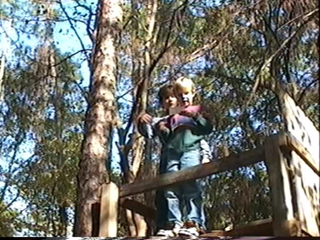 Two young boys wave from a wooden treehouse platform as bubbles float up in a nostalgic home video