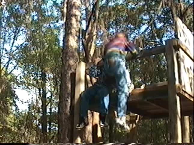 Vintage home video shows two young boys climbing and playing together on a wooden treehouse fort in the woods