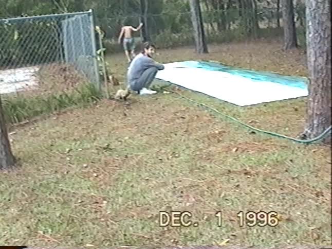Vintage 1996 home video shows a family having fun in the backyard with a slip 'n' slide and their pet dog