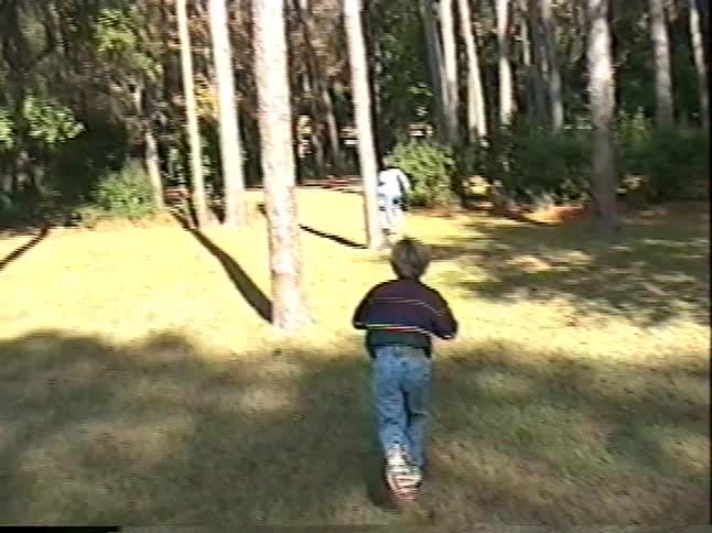 Two young boys examine a card in their wooded backyard before running off to play on a sunny day