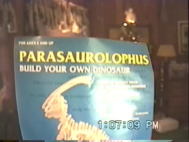 Two young boys proudly show off their new build-it-yourself wooden dinosaur model kit on Christmas day