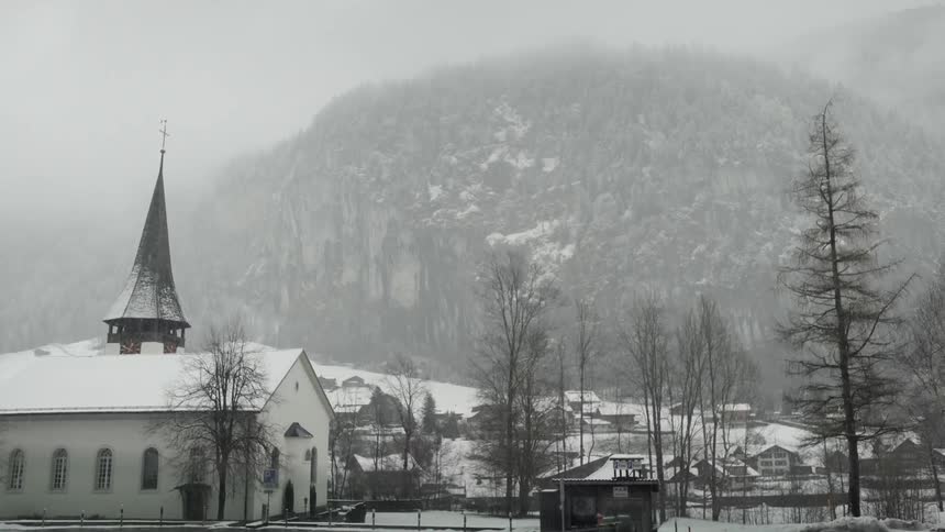 A snow covered village in the mountains