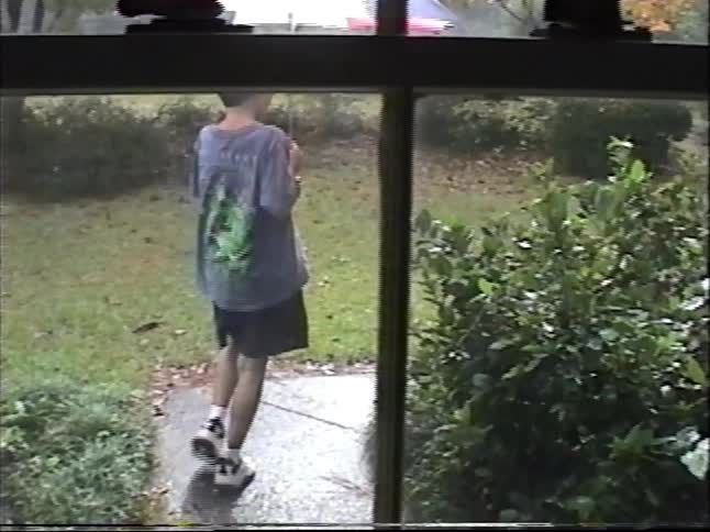 A young boy with a colorful umbrella is seen through a window as he walks out into the rain in his backyard