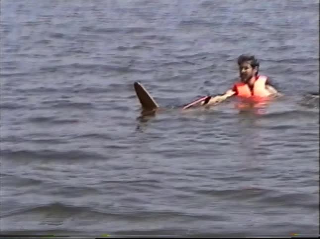 A vintage home video shows a family on a boat as a man attempts to get up on a water ski and comically wipes out in the lake