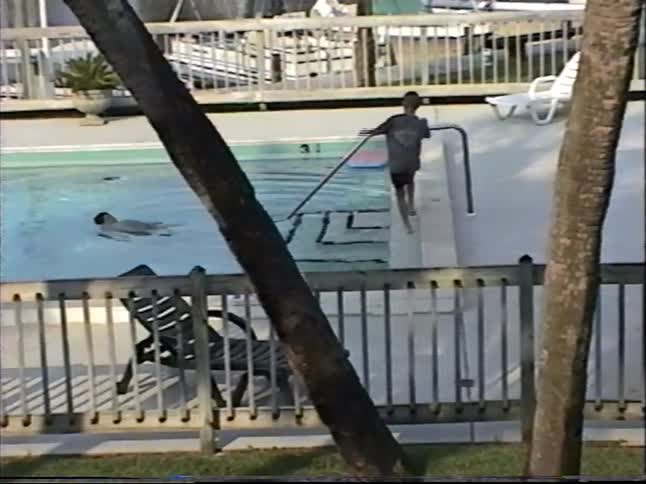 Vintage 1990s home video footage of two young boys swimming and playing in an outdoor pool on a sunny day