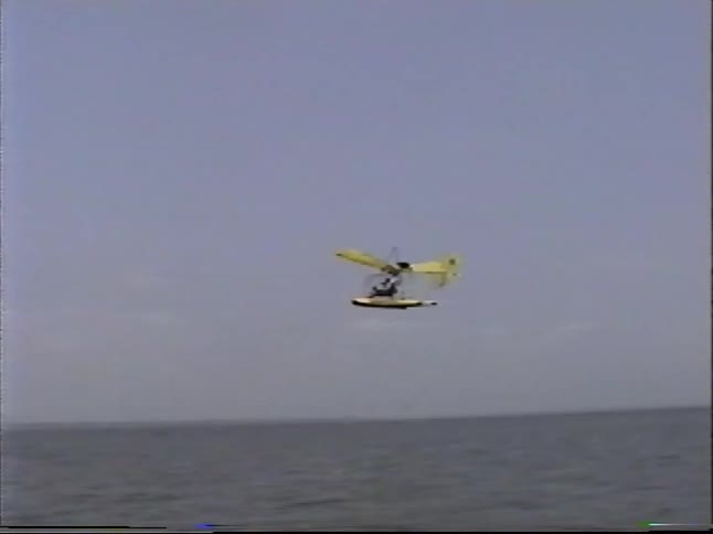 A small yellow ultralight seaplane glides low over the water, sharing the sky with pelicans who rest on a rocky shoreline