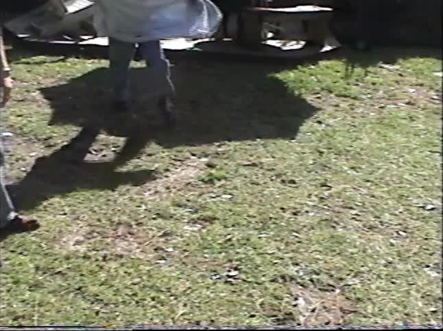 Vintage footage shows a playful dog running excitedly around its owners in a sunny backyard