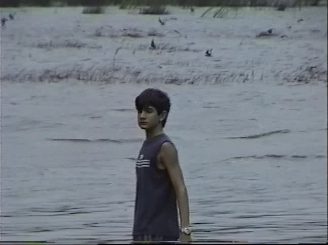 Archival home video footage shows a young boy running along the edge of and wading into a flooded residential area