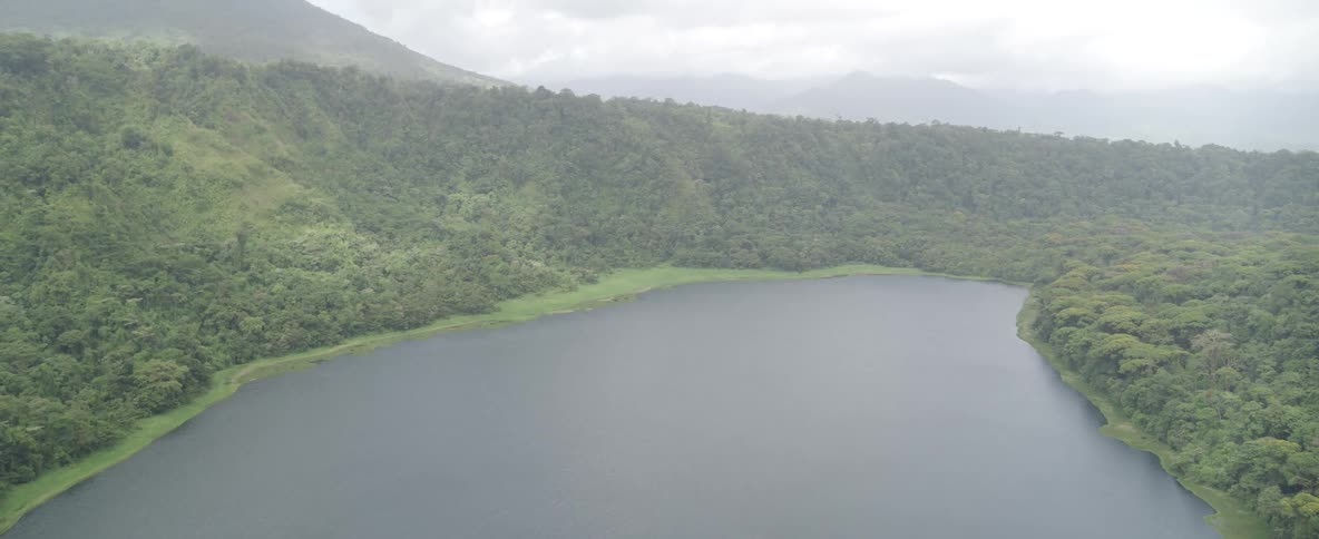 A tranquil mountain lake is surrounded by a dense, green forest on a misty and overcast day