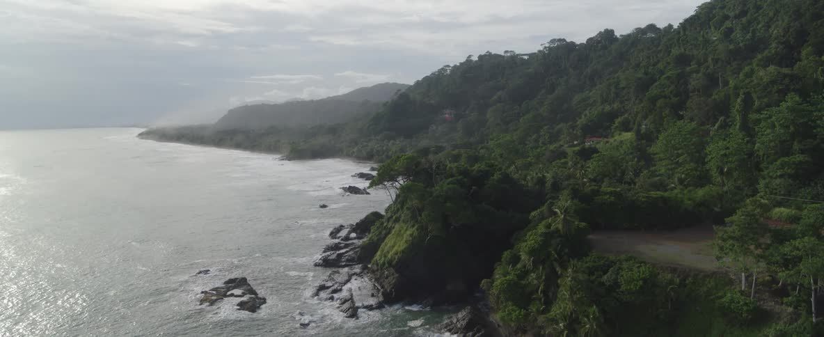 An expansive aerial view of a lush jungle meeting the rocky coastline of the ocean on an overcast day