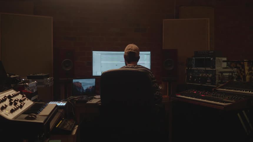 A man bobs his head to music in a recording room