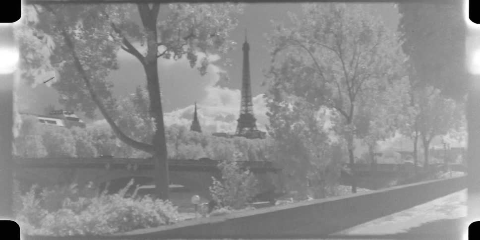 A dreamy, vintage black and white infrared pan reveals the Eiffel Tower from behind bright trees along the Seine River in Paris