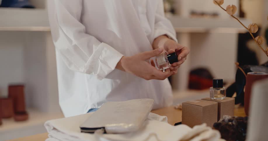 A woman in a minimalist white shirt carefully inspects and places a perfume bottle on a wooden counter in a boutique