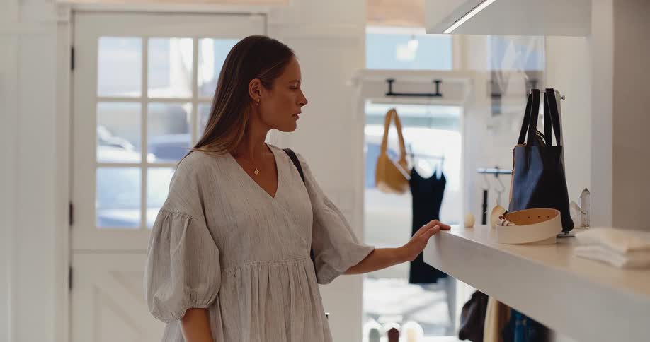 A stylish woman in a flowy dress browses handbags and accessories in a bright, modern boutique