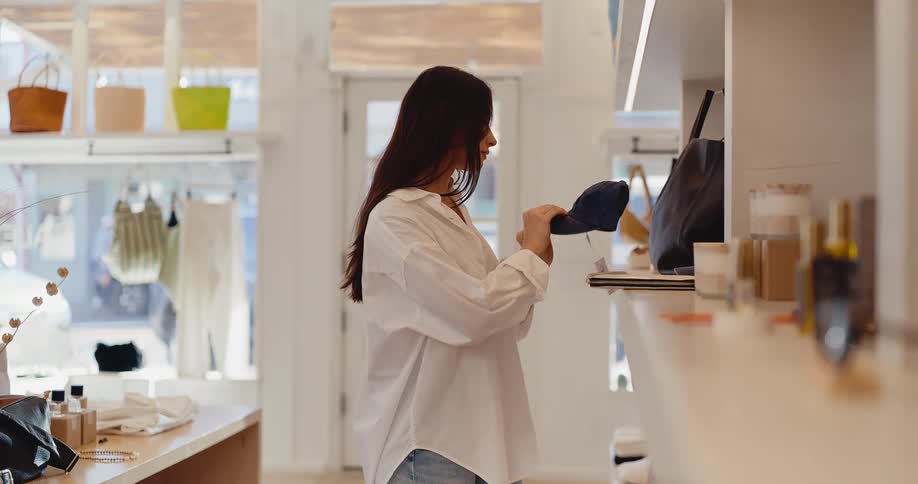 A stylish young woman browses accessories and tries on a baseball cap in a bright, modern boutique
