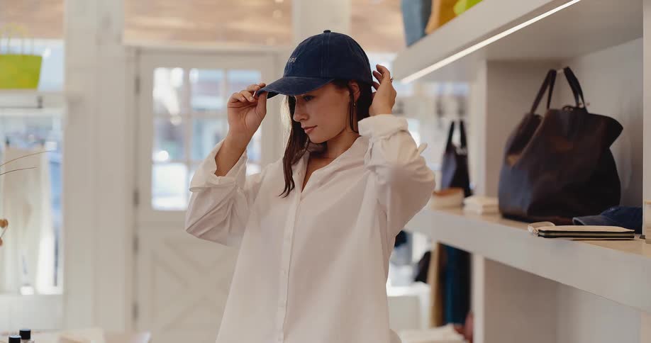 A fashionable woman in a white shirt tries on a blue baseball cap in a brightly lit boutique