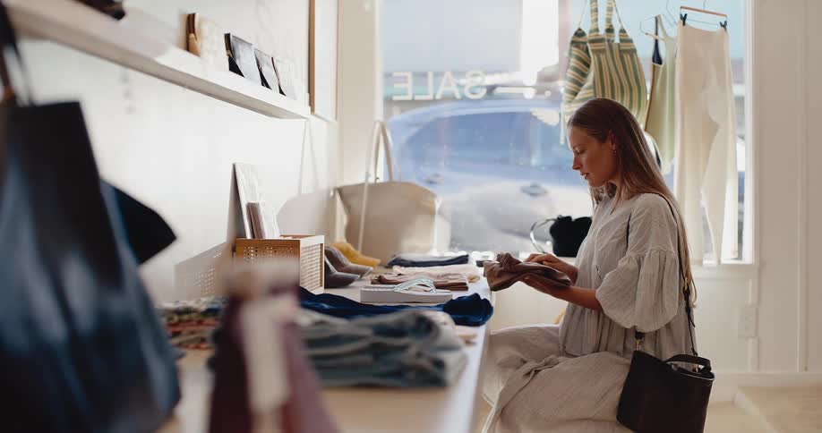 Young woman sits and shops in a modern clothing boutique, carefully inspecting folded items on a counter