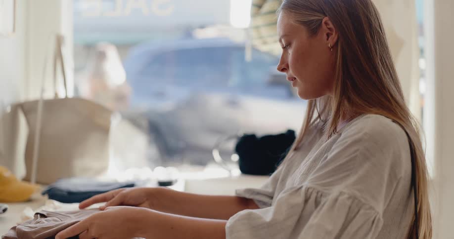 A woman with long hair browses and neatly folds a shirt in a stylish clothing shop